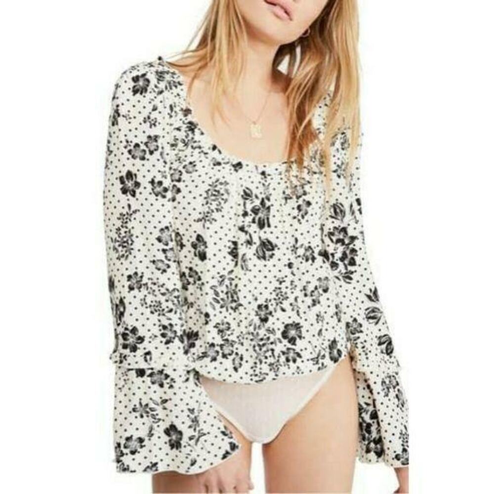Free People One on One Date Black White Floral Bell Sleeve Bodysuit NEW Women XS